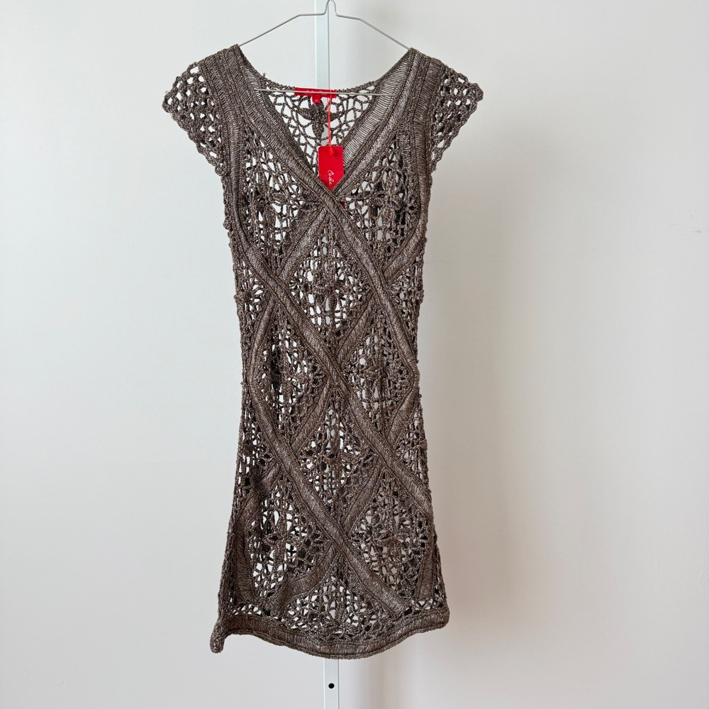 VTG Y2K Code Red M‎ Bronze 90s Crochet Dress Sheer Whimsigoth Witchy Boho Goblin